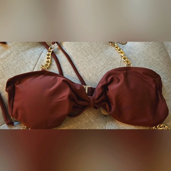 ๐NWOT Sexy Chocolate Brown Two Piece Bathing Suit Bikini-Gold Chain Accents ๐ - Picture 2 of 6